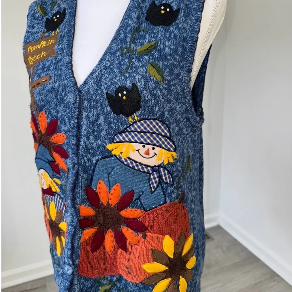 Bobbie Brooks Pumpkin Patch Scarecrow Embroidered Sweater Vest‎ Women’s M